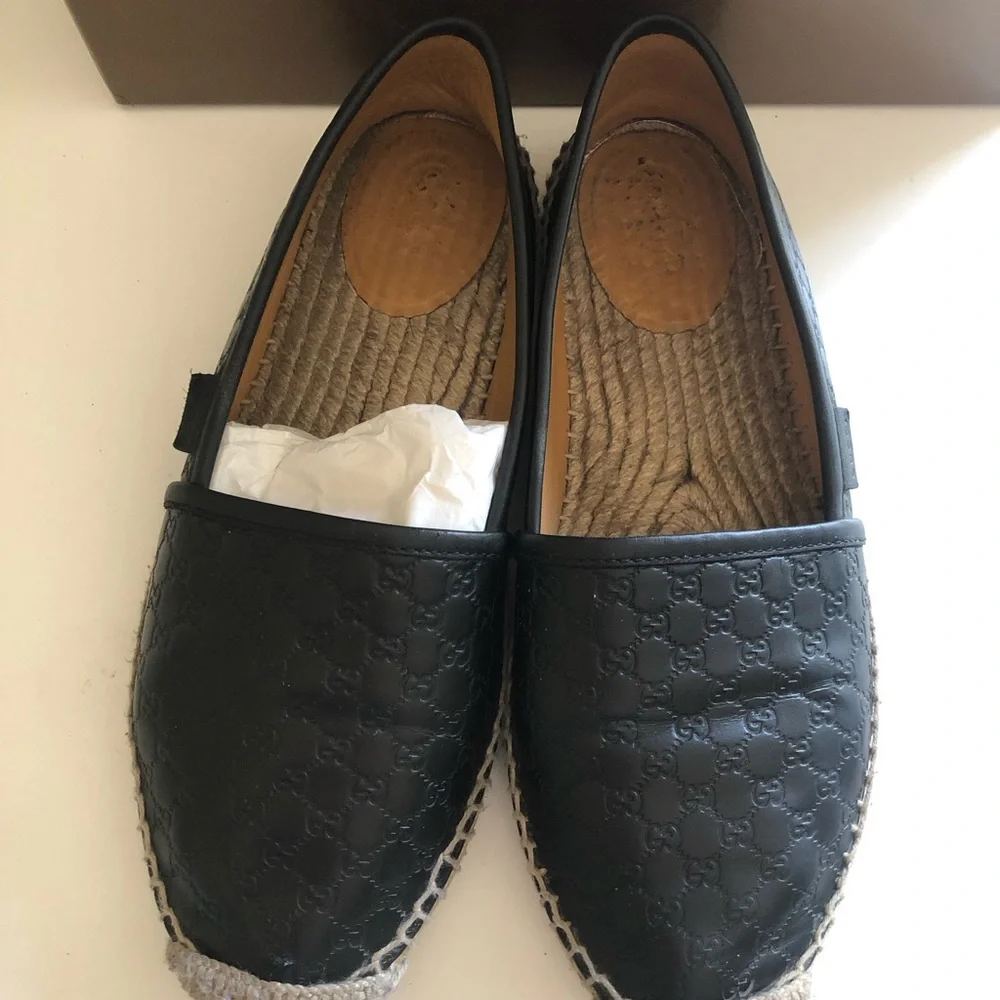 Gucci Black Leather Espadrilles Shoes Women's Guccissima GG Micro Size 37 US 7